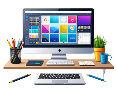 A vector illustration of a graphic designer’s workspace showing a laptop, desktop mong