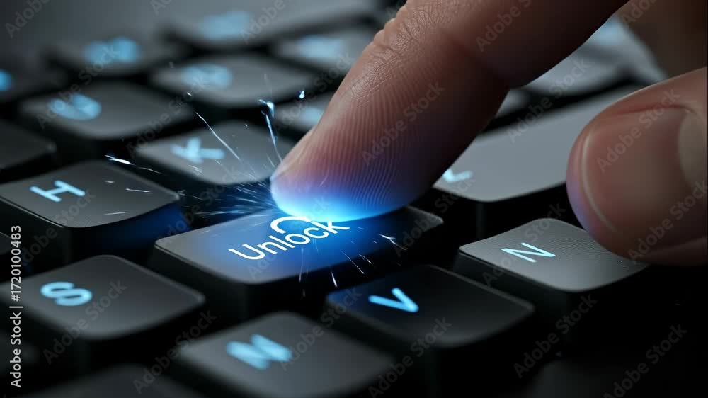 Poster finger pressing unlock key on glowing keyboard - close-up shot of a finger pressing an 