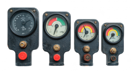 Set of Industrial Pressure and Temperature Gauges with Dials, Isolated PNG.