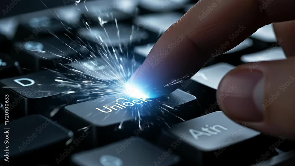 Poster finger pressing unlock key on keyboard with sparks - close-up macro shot of a finger pressing an unl