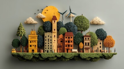 Future Clean Energy Cityscape with Nature Elements in Creative Paper Art Style