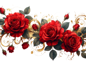 An artistic elongated decoration featuring red roses arranged in a flowing line with