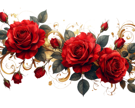An artistic elongated decoration featuring red roses arranged in a flowing line with