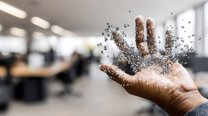 A hand with a digital network overlay in an office environment, symbolizing technology and connectivity.