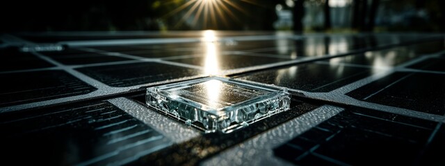 Detailed Macro Shot of a Solar Panel Texture with Sunlight Reflection