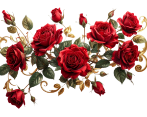 An artistic elongated decoration featuring red roses arranged in a flowing line with 