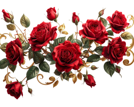 An artistic elongated decoration featuring red roses arranged in a flowing line with 