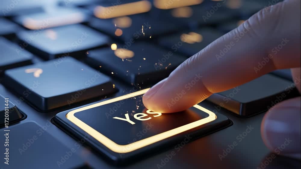 Poster finger pressing yes button with golden sparkles - close-up shot of a finger pressing a glowing 