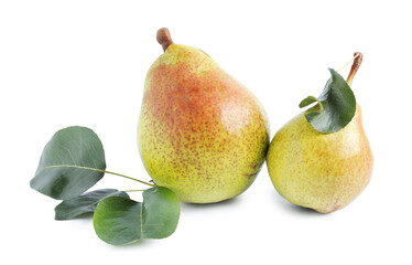 Fresh ripe pears with green leaves isolated on white