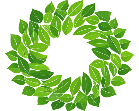 An eco-friendly logo design featuring stylized green leaves forming a circular emblem 