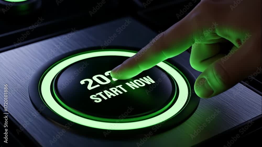 Poster start 2026 button - close-up of a hand pressing a glowing button that reads 