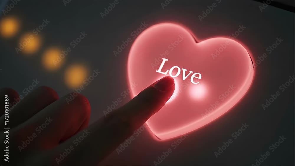 Aufkleber hand pressing glowing heart button - close-up of a finger pressing a heart-shaped button that glows 