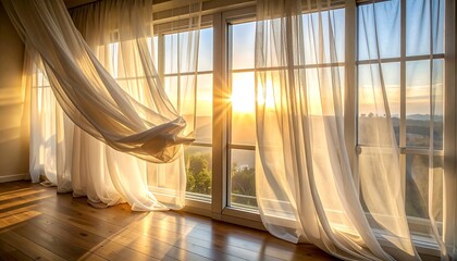 Sunrise through flowing sheer curtains