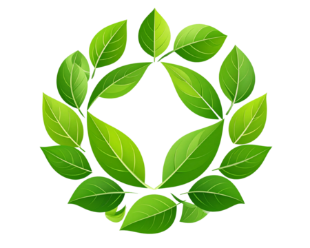 An eco-friendly logo design featuring stylized green leaves forming a circular emblem 