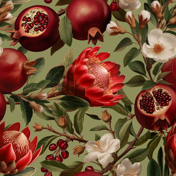 Seamless vector pattern with pomegranate branches and protea flowers isolated on a changeable background. Vintage painting style illustration.