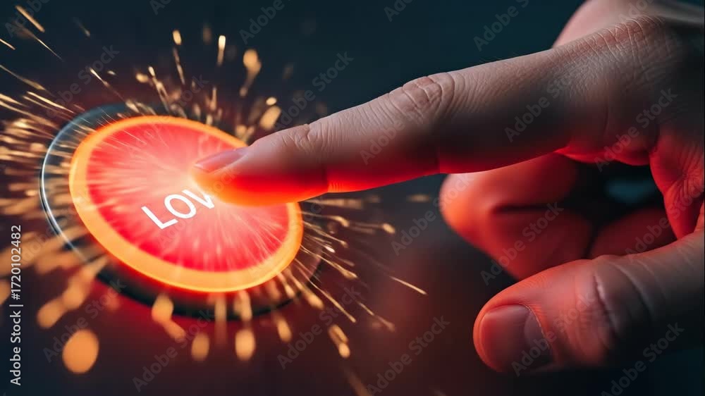 Poster pressing the love button - close-up of a hand pressing a glowing red button with the word 