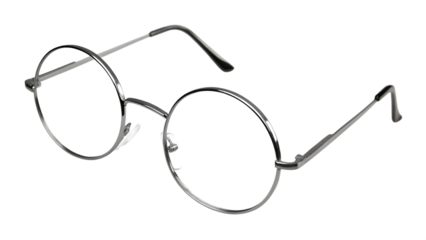 Silver round wire frame eyeglasses isolated on a transparent background circular