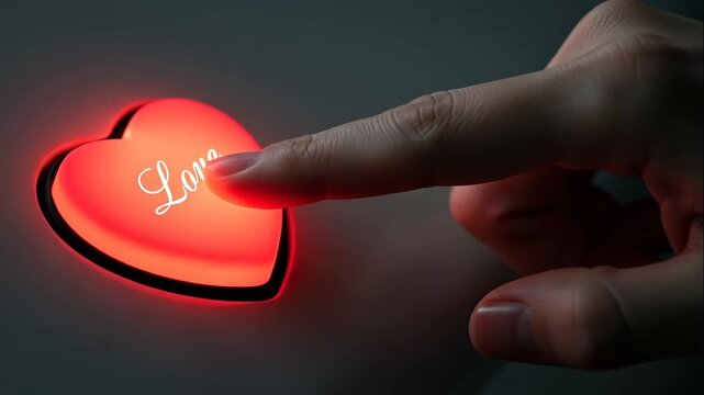 Pressing Love Button with Sparkling Light - Close-up of a finger pressing a glowing heart-shaped button inscribed with the word "Love".