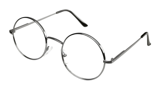 Silver round wire frame eyeglasses isolated on a transparent background circular