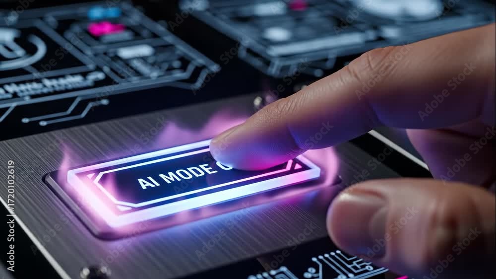 Poster activating ai mode: cyberpunk interface - close-up shot of a finger pressing an 