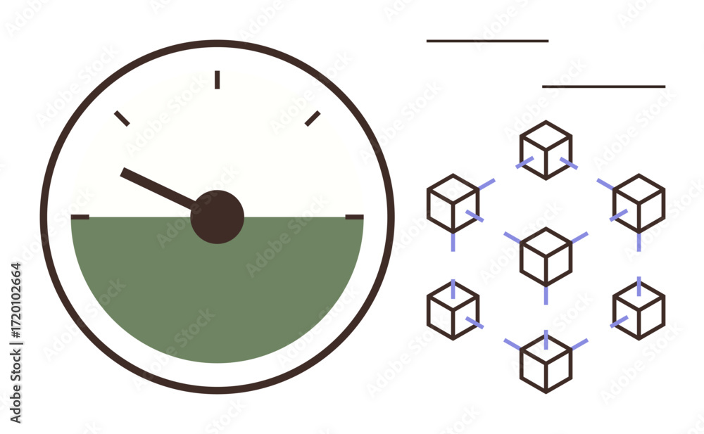 Poster speedometer showing performance levels and interconnected blockchain cubes forming a network. ideal 