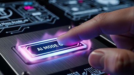 Activating AI Mode: Cyberpunk Interface - Close-up shot of a finger pressing an "AI Mode On" button on a futuristic, glowing interface.