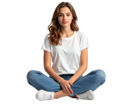 A casual young woman sitting cross-legged on the floor, wearing comfortable clothes, 
