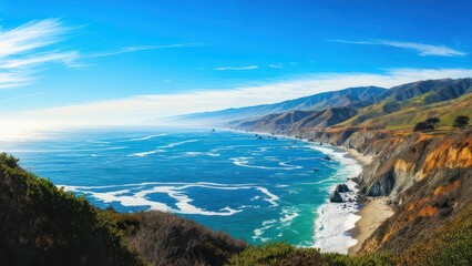 Stunning coastal highway vista with dramatic ocean waves crashing against rugged cliffs under a bright blue sky