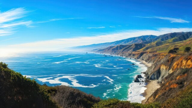 Stunning coastal highway vista with dramatic ocean waves crashing against rugged cliffs under a bright blue sky - Powered by Adobe