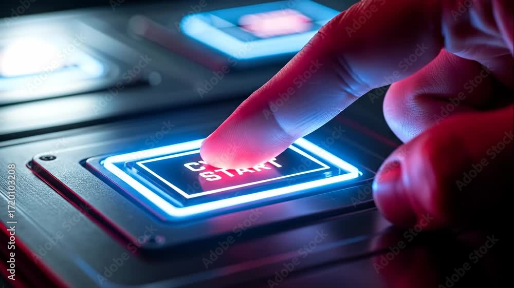 Poster finger pressing cyber start button - close-up of a finger about to press a glowing neon 