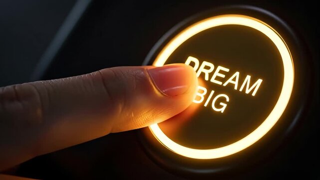 Finger Pressing Dream Big Button - Close-up shot of a finger pressing a glowing button that reads "Dream Big".