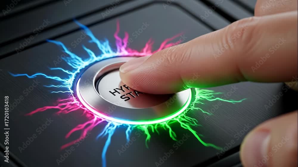 Poster finger pressing hyper start button with neon energy - close-up shot of a finger about to press a met