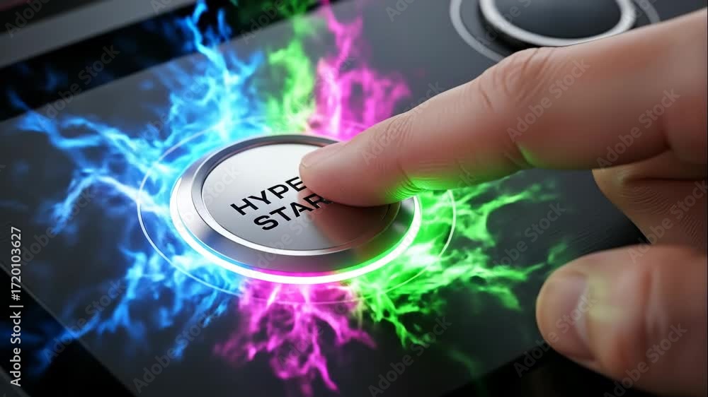 Poster hyper start button press - close-up of a finger pressing a glowing 
