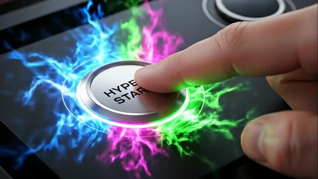 Hyper Start Button Press - Close-up of a finger pressing a glowing "Hyper Start" button, surrounded by vibrant neon energy bursts. The button is metallic with a modern design.