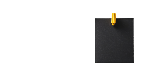 A black sticky note or square paper pinned with a yellow pushpin, isolated on white background png