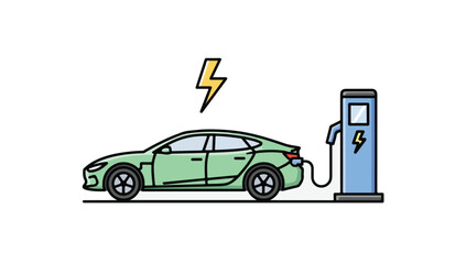 A green electric car is charging at a blue charging station, with a yellow lightning bolt above indicating power.