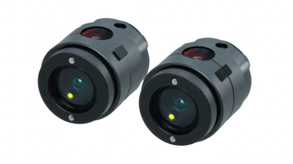 Two modern gray cameras shown clearly on transparent png background