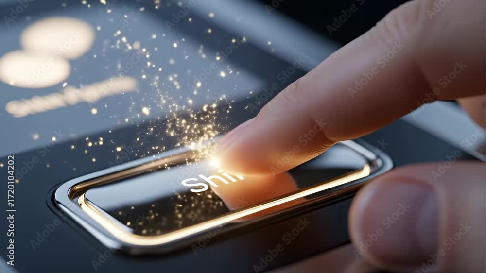 Poster finger pressing glowing shine button - close-up shot of a fingertip pressing a shiny button that ill