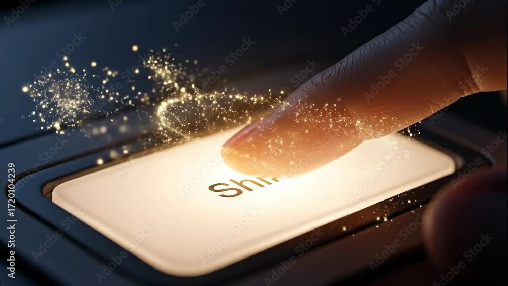Poster finger pressing glowing shine button - close-up shot of a fingertip pressing a button that illuminat