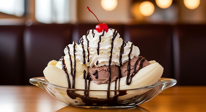 A delectable banana split dessert is presented in a glass dish, featuring scoops of chocolate and vanilla ice cream, whipped cream, and rich chocolate sauce.
