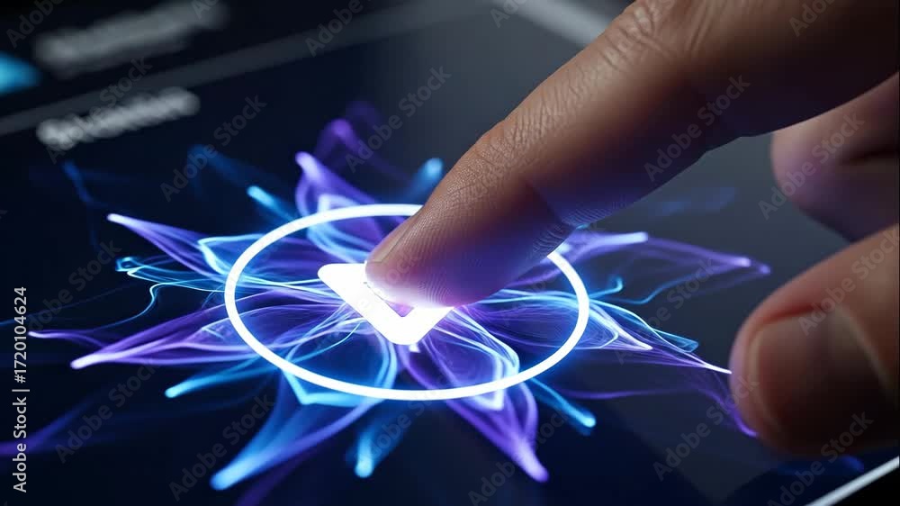 Poster finger pressing play button with glowing waves - close-up of a fingertip pressing a glowing play but