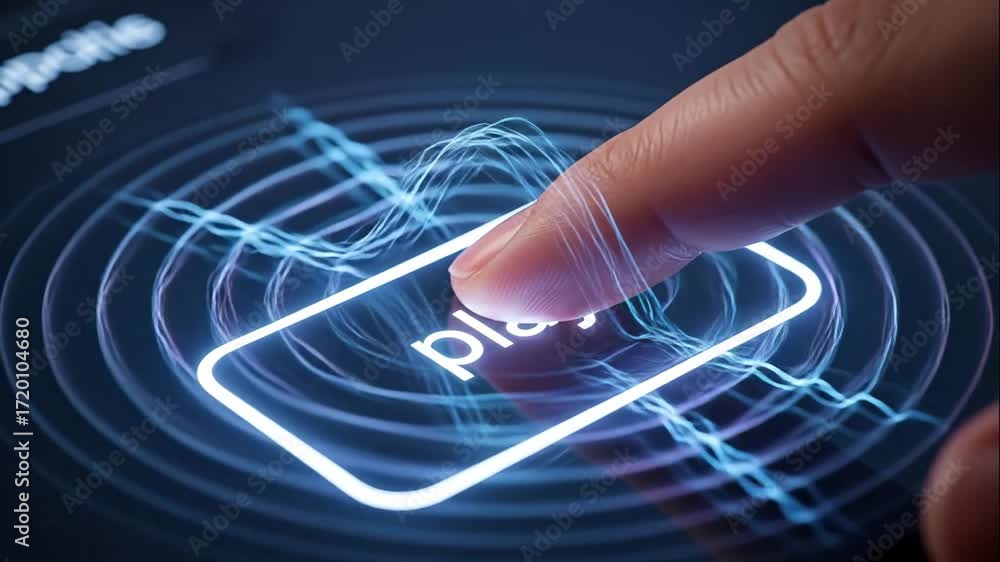 Poster finger pressing play button with glowing waves - close-up shot of a fingertip about to press a glowi