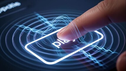 Finger Pressing Play Button with Glowing Waves - Close-up shot of a fingertip about to press a glowing "Play" button on a digital interface. - Powered by Adobe