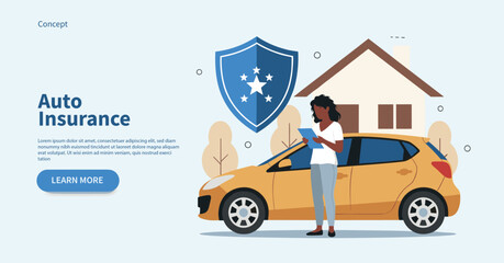 Naklejka premium Character Standing Near Car Covered with Umbrella – Auto Insurance Services, Vehicle Safety, Roadside Assistance, Car Protection and Security Concept – Flat Cartoon Vector Illustration