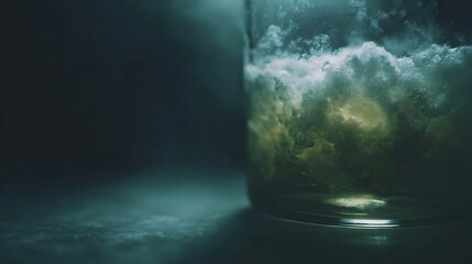 Close up of a dramatic swirling cloud like substance with energetic bubbles and mist inside a glass container illuminated by moody atmospheric