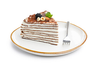 Piece of tasty crepe cake with cocoa powder, chocolate, nuts and blackberry isolated on white
