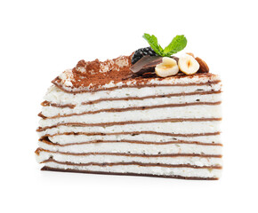 Piece of tasty crepe cake with cocoa powder, chocolate, nuts and blackberry isolated on white