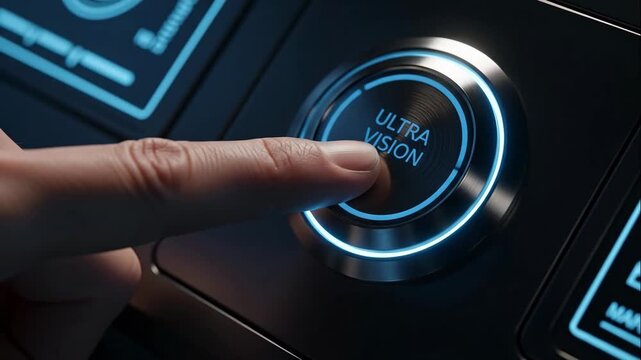 Finger Pressing Futuristic Ultra Vision Button - Close-up shot of a fingertip activating a glowing, futuristic button labeled "Ultra Vision.