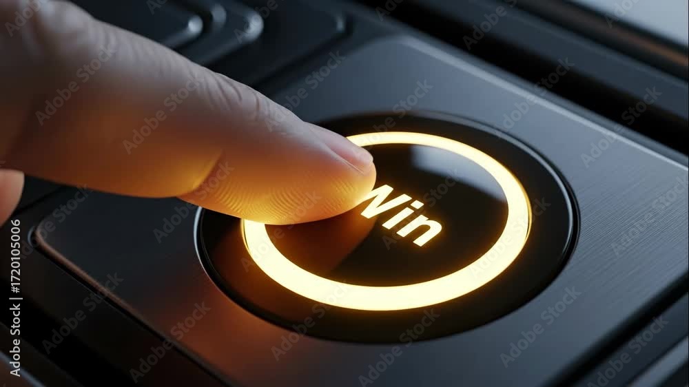 Poster finger pressing glowing win button - close-up shot of a finger about to press a button that glows wi