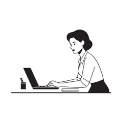 Black and white line art of a beautiful successful career woman working at desk with laptop illustration